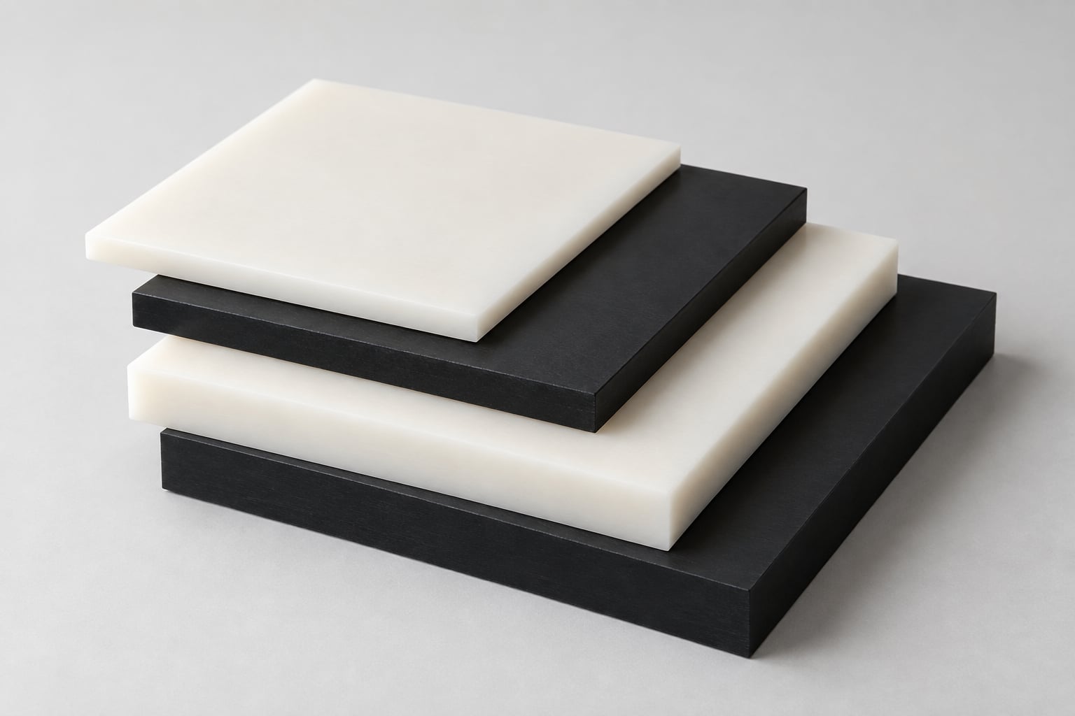 Typische Darstellung von weißen und schwarzen Platten aus technischen Kunststoffen